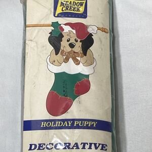 Vintage Meadow Creek Flag Christmas Holiday Puppy In Stocking 28 X 40 Nylon